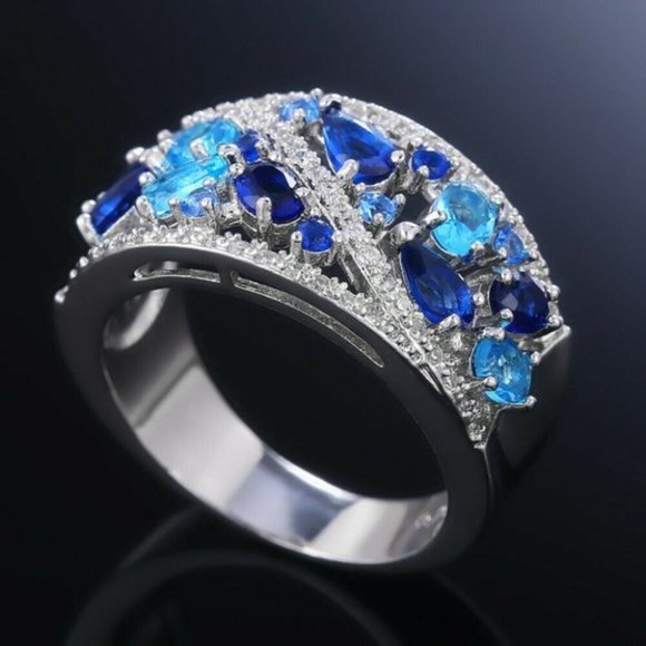 New Gorgeous 925 Silver, Aquamarine & Sapphire Ring